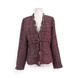 WHBM Suit Blazer Size 6 Burgundy Red Black Plaid Fringe Long Sleeves Lined